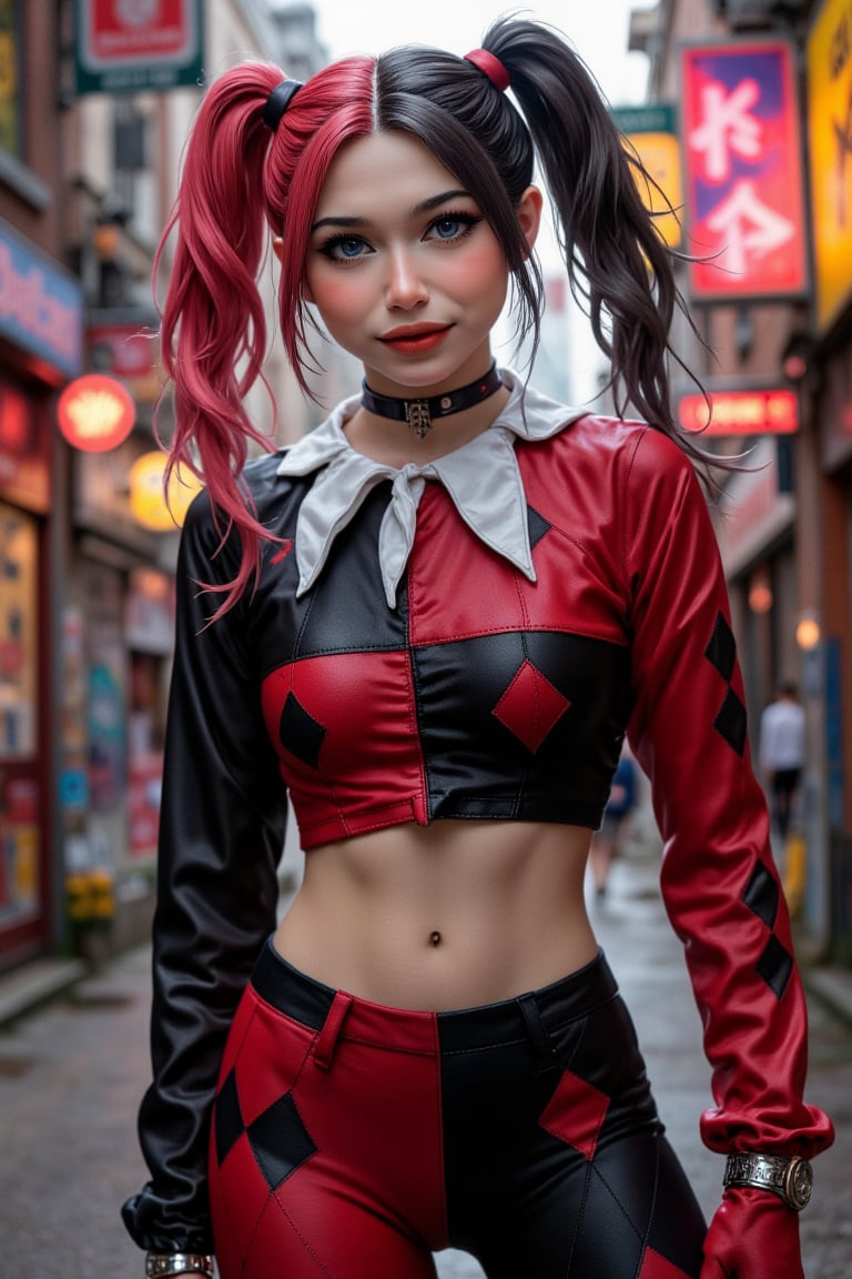 A striking portrayal of Harley Quinn, the iconic DC Comics anti-heroine, standing in an epic pose. She is wearing her classic red and black jester outfit, with alternating diamond patterns. Her two-tone hair is tied in pigtails, half red and half black. Her playful yet menacing smile contrasts with her sharp, dark eye makeup, giving her a mischievous and unpredictable air. In the background, a chaotic urban scene with graffiti and neon lights adds to the atmosphere.