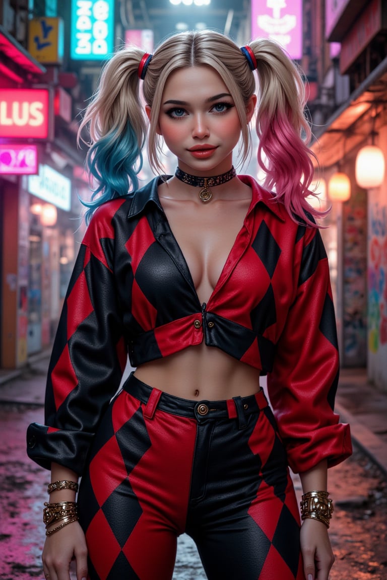 A striking portrayal of Harley Quinn, the iconic DC Comics anti-heroine, standing in an epic pose. She is wearing her classic red and black jester outfit, with alternating diamond patterns. Her two-tone hair is tied in pigtails, half red and half black. Her playful yet menacing smile contrasts with her sharp, dark eye makeup, giving her a mischievous and unpredictable air. In the background, a chaotic urban scene with graffiti and neon lights adds to the atmosphere.