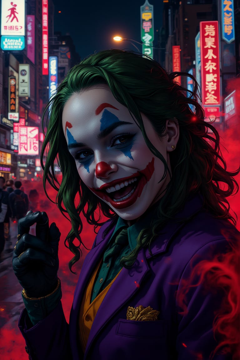 Art of a joker Joker's twisted grin wearing her makeup face, joker face makeup, purple her suit, black glove, red smoke, her green messy long hairstyle, serious badas pose, dark night, neon light city, cyberpunk realistic city background 