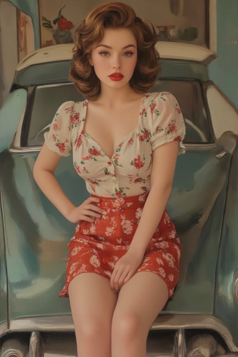 Full body of a stylish 1950s pin-up model with vintage flair, sitting confidently on the hood of a classic car. She wears a white blouse adorned with red roses and a vibrant red skirt. Her hair is elegantly styled in a Voluminous Victory Rolls, capturing the essence of mid-20th-century glamour and sophistication. The background should evoke a sense of nostalgia, with hints of classic Americana
,PinupFlux,J4d3,Curly