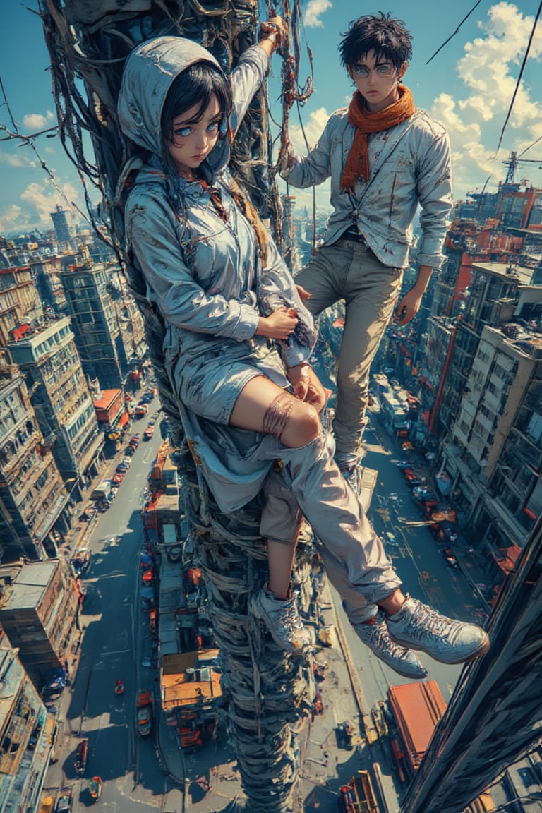 japanese anime poster, dynamic energy and rich detail, in a style of marries manga with Taiyo Matsumoto aesthetic, detailed line art and a muted color scheme dominated by shades of vivid, This image features two characters, a young malay boy and malay girl, perched whimsically atop what appears to be a towering, slender pole high above a bustling, densely-packed cityscape. The boy, with a serious expression, stands confidently, while the girl, wearing a stylish hijab,long pant sits playfully with her legs dangling. The mood is one of carefree adventure and youthful mischief against an urban backdrop. The dominant colors are shades of blue and earth tones, which, along with the intricate details of the city, contribute to a lively and vibrant atmosphere. The style is reminiscent of Taiyo Matsumoto manga or anime, characterized by exaggerated features and expressive characters. The composition uses a low-angle perspective, emphasizing the height and the audacity of the children’s perch. Special details, like the characters' relaxed postures and the chaotic urban environment, might suggest a narrative of escapism or contrast between childhood innocence and the complexity of the adult world. The overall image is teeming with energy, life, and a touch of the fantastical