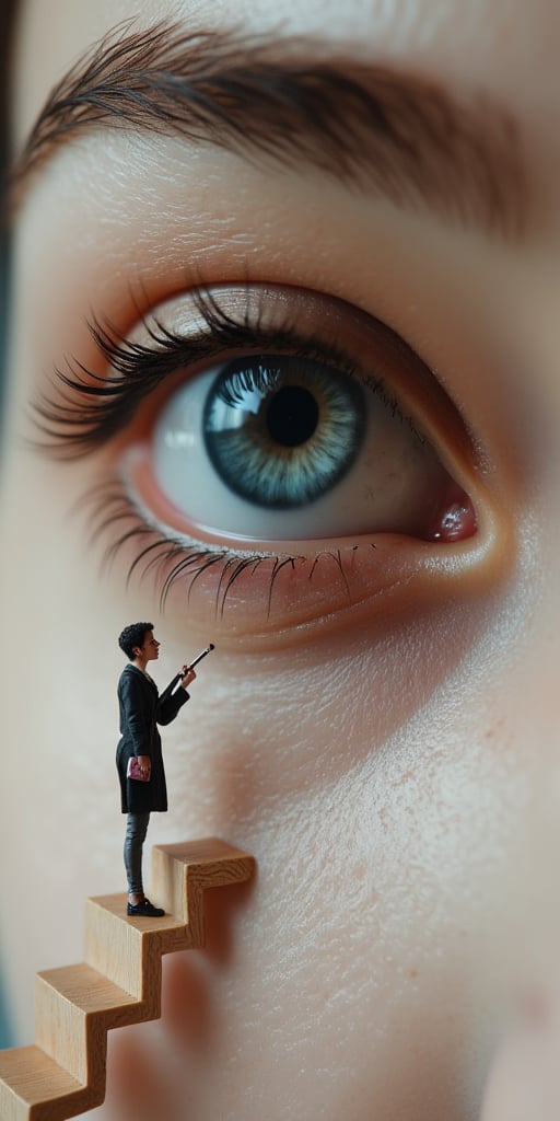 A image of a malay woman's eye with a tiny malay woman person meticulously applying eye makeup using a tiny brush stand up in stair. The miniature person carries a bag of even smaller makeup products. The overall effect is incredibly realistic, and it captures the essence of the tiny person's dedication to beauty, by Josias Severo. The background is neutral, allowing the viewer to focus on the intricate details of this surreal scene. 