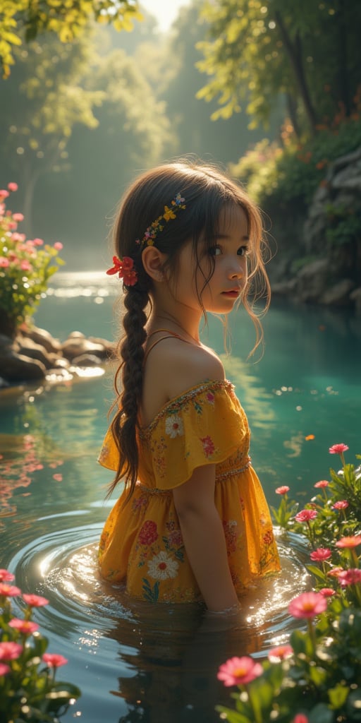 Beautiful Little kids, there is a beautiful little malay girl, and the river is full of flowers. Beautiful Little Riverside, there is a little sister, and the river is full of flowers
B