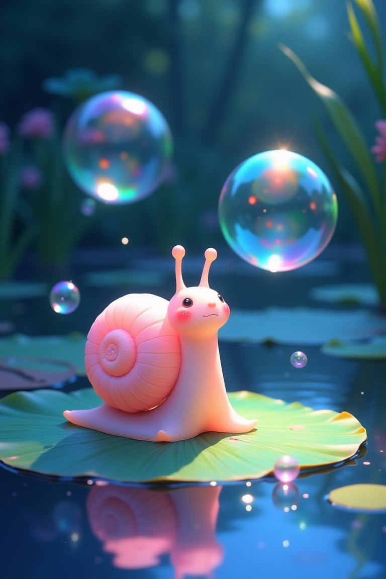 (((masterpiece))) , (((best quality))) , anime style, 2d, serene pond where tiny snail—small, round snail with translucent, pastel-colored skin that glows faintly—are blowing bubbles that float in the air. The camera captures a close-up of one snail sitting on a lily pad, playfully catching its own bubbles with a happy croak. The bubbles reflect the moonlight, casting soft, rainbow hues across the pond, and other bubble snail join in, creating a playful and magical scene