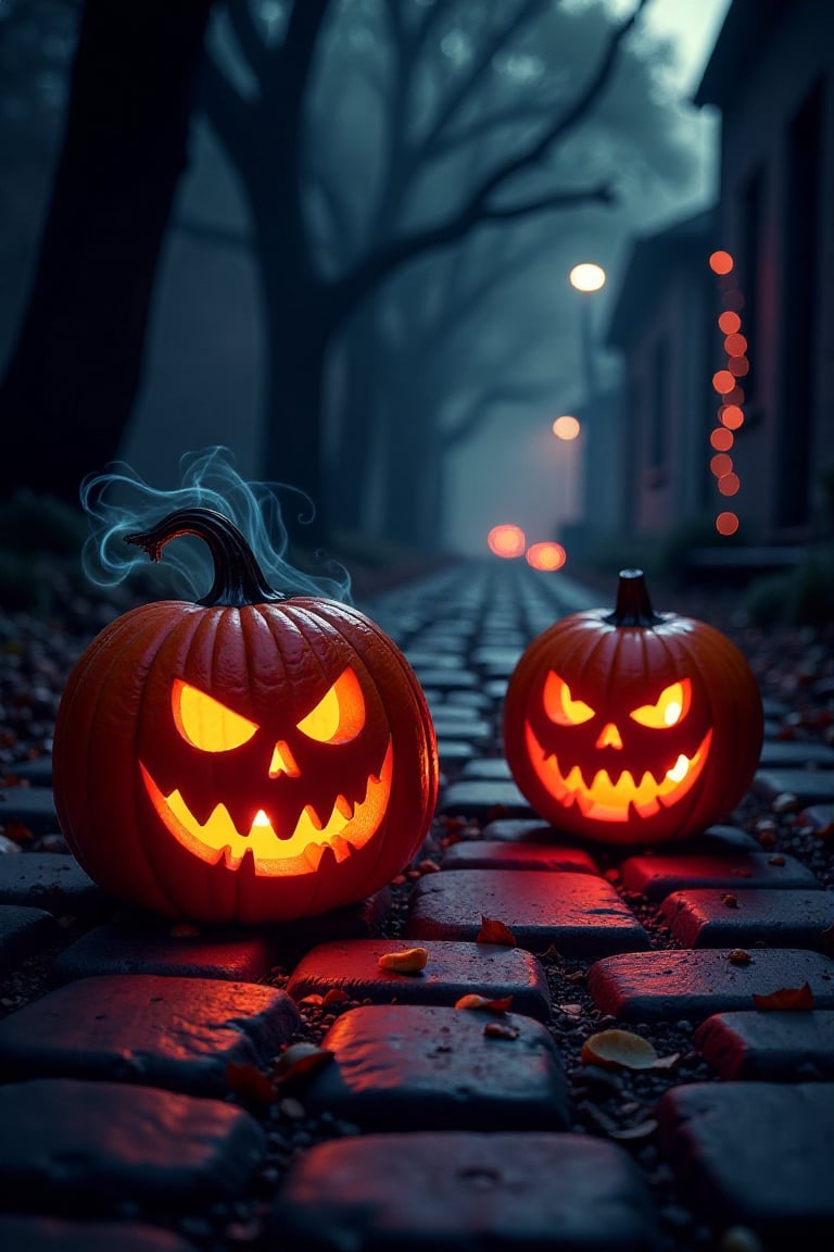 Halloween pumpkins illuminated in a dark,  eerie style,  their carved faces casting ominous orange glows. Set against a sh...