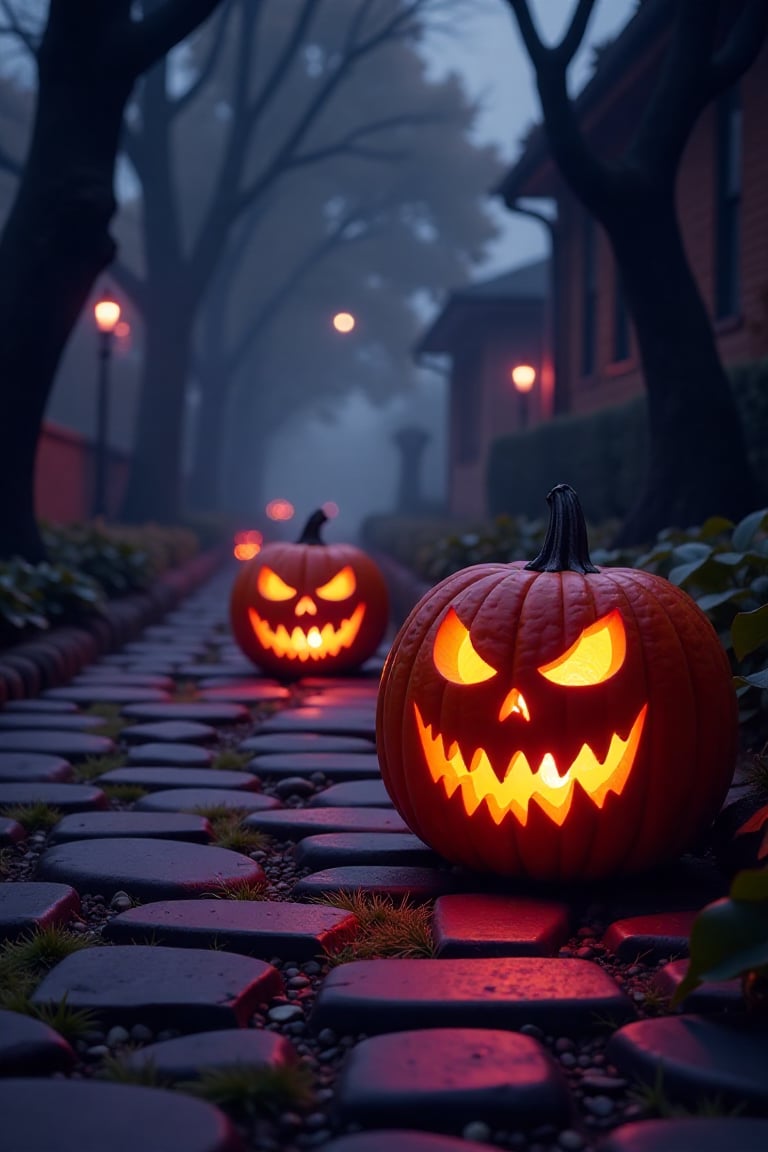 Halloween pumpkins illuminated in a dark,  eerie style,  their carved faces casting ominous orange glows. Set against a sh...