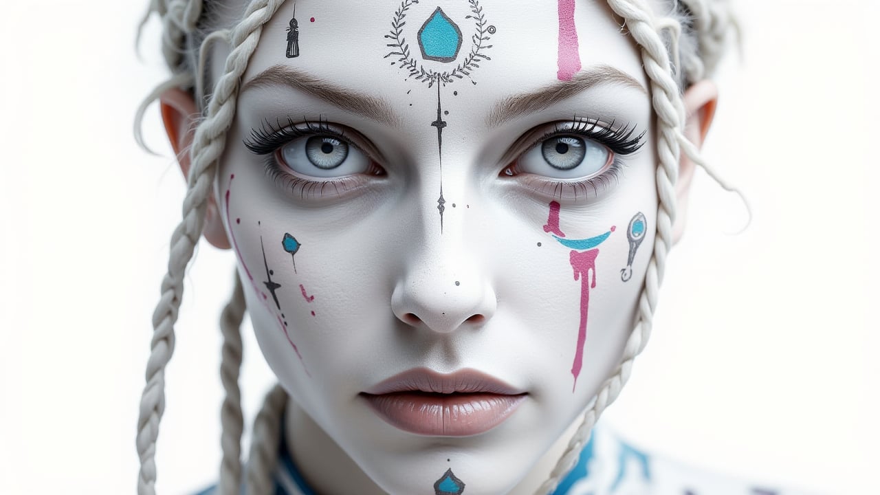 (best quality,4k,8k,highres,masterpiece:1.2),ultra-detailed,(realistic,photorealistic,photo-realistic:1.37),1woman,beautiful detailed eyes,beautiful detailed lips,extremely detailed eyes and face,long eyelashes,European Greek woman,monochrome white skin color,colorful hair,braided dreadlocks,neon hieroglyph tattoos,white monochrome theme,white background