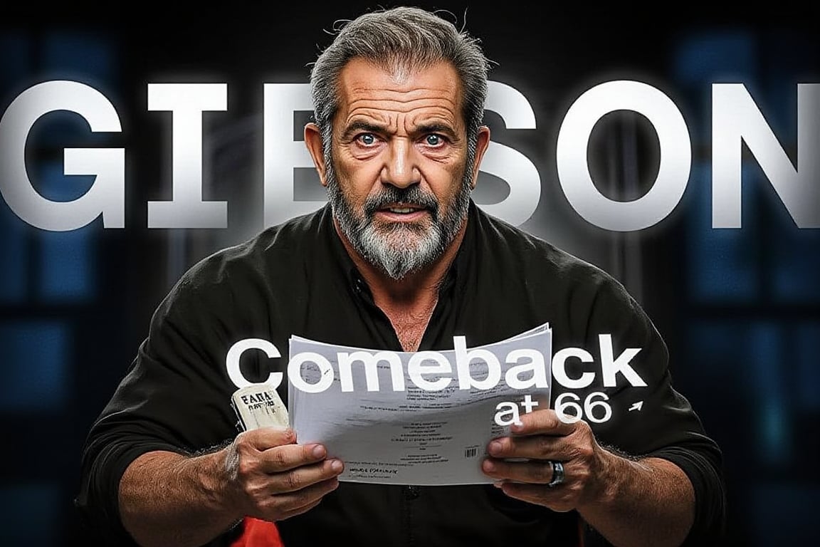 Image Concept: Shot with a Panavision DXL2 using a 70mm Panavision Primo lens, this image features Mel Gibson holding a script, looking visionary and inspired, with a well-defined beard that adds gravitas to his character. Behind him, the bold text “GIBSON” is prominently displayed in large, white capital letters, casting a shadow that gives it a three-dimensional effect.
	•	Below the text, the phrase “comeback at 68” is written in a sleek, modern font, ensuring clarity and emphasis. The lighting is dramatic, with a soft-focus effect around the edges to draw viewers’ eyes to the center, where Mel’s intense expression and beard convey a powerful story of resurgence.