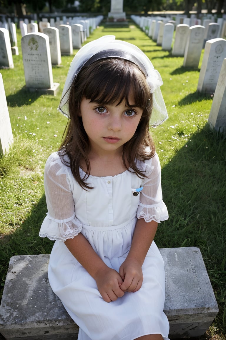 An adorable (8_year_old:1.2) Italian girl dressed in white dress sitting at grave in cemetary, Her lips are soft and full. Her expression is sneaky. staring intently at viewer