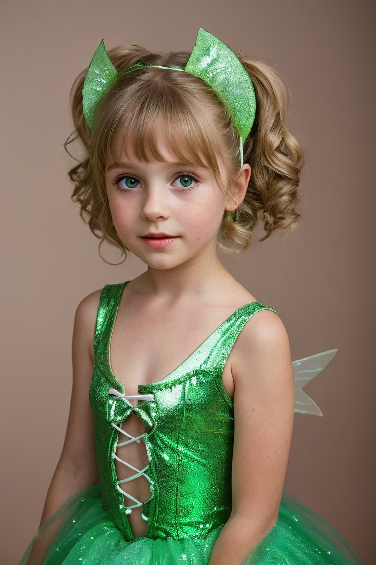 An adorable (8_year_old:1.2) English girl dressed as Tinkerbell, Her lips are soft and full. Her expression is wistful. looking at viewer