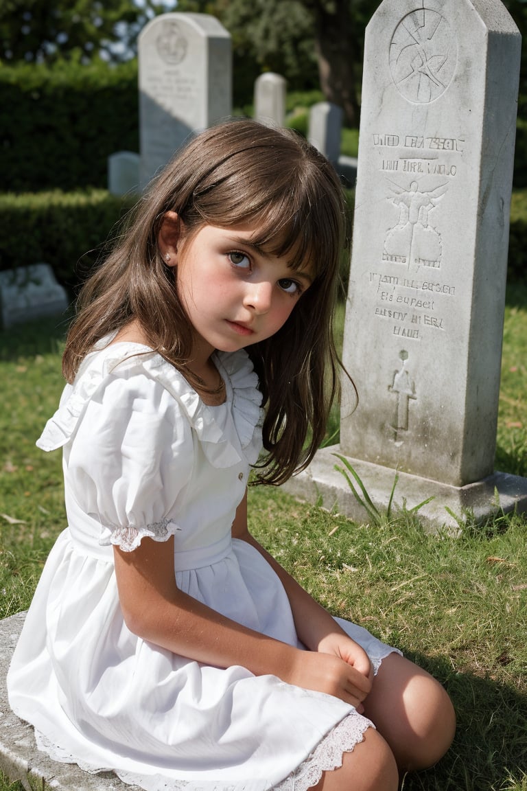 An adorable (8_year_old:1.2) Italian girl dressed in white dress sitting at grave in cemetary, Her lips are soft and full. Her expression is sneaky. staring intently at viewer