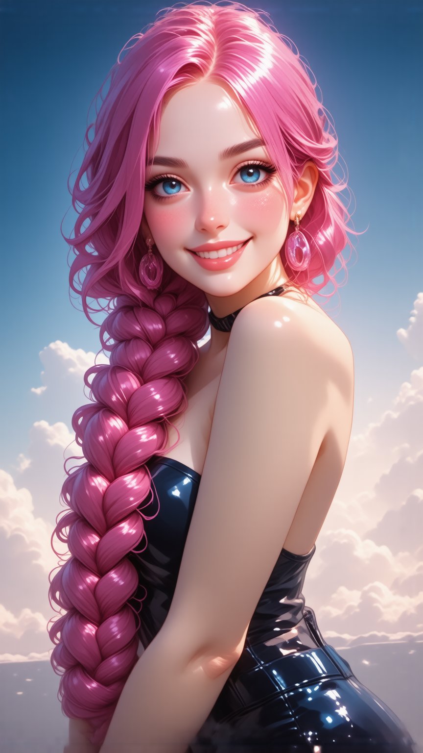 This is a digital illustration in an anime-inspired art style, featuring a voluptuous woman with a striking appearance. She has a light skin tone and striking, voluminous pink hair styled in a loose, wavy braid cascading over her shoulder. Her eyes are large, bright blue, and she has a slightly flushed, youthful face with a confident expression, suprn1j1