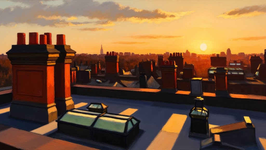 EdwardH0pp3r style oil on canvas painting of a rooftop scene at sunset. A myriad of chimney stacks, parapets, cowels and rooflights cast long complex shadows that create a dance of shapes in the fading light. 