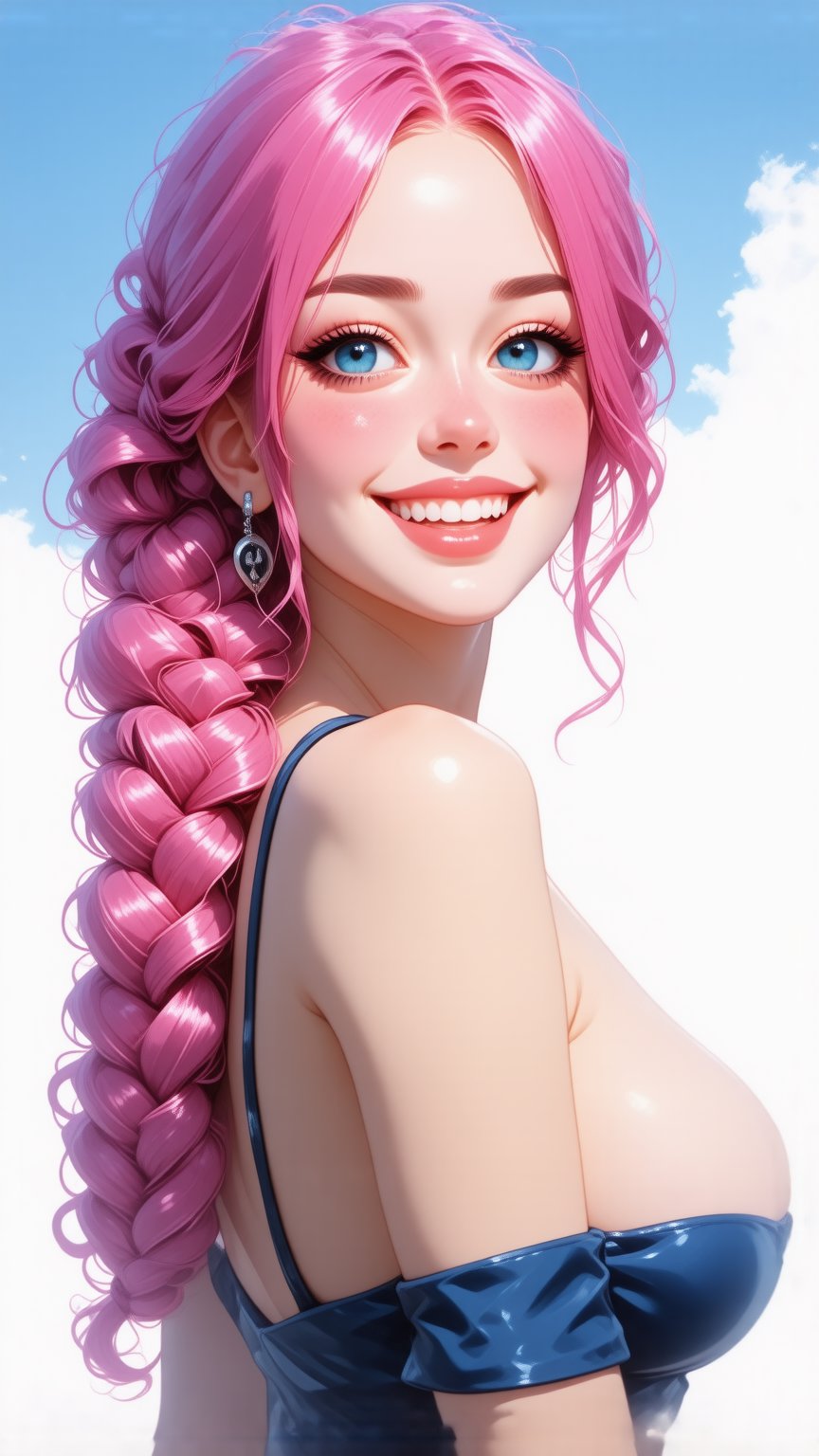 This is a digital illustration in an anime-inspired art style, featuring a voluptuous woman with a striking appearance. She has a light skin tone and striking, voluminous pink hair styled in a loose, wavy braid cascading over her shoulder. Her eyes are large, bright blue, and she has a slightly flushed, youthful face with a confident expression, suprn1j1