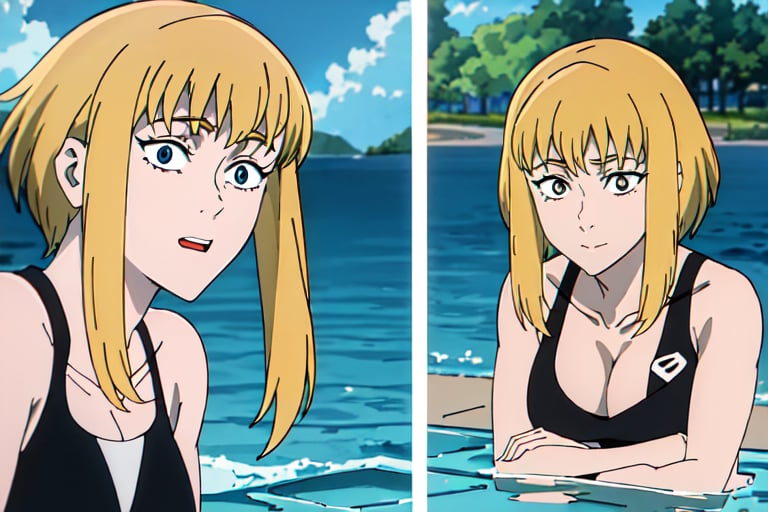 very detailed, high quality, masterpiece, beautiful, waifus, makima (chainsaw man), Kara Zor-El, Diane(Nanatsu no taizai), swimsuits, big asses, big busts, posing in different flirtatious poses with bright colors looking towards opposite, in the sea,