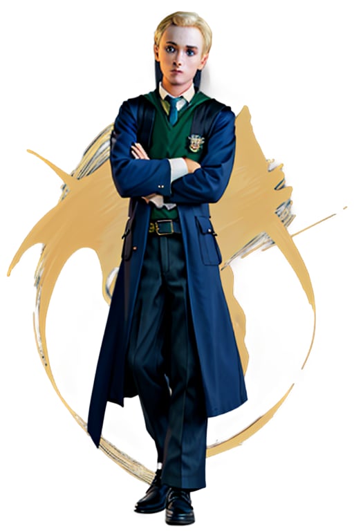 highly detailed, high quality, masterpiece, beautiful, waifus, Draco Malfoy with blonde hair, blue eyes, tall man, full body, posing looking forward, bright colors looking forward, background 
harmonious and vibrant colors, Harry Potter