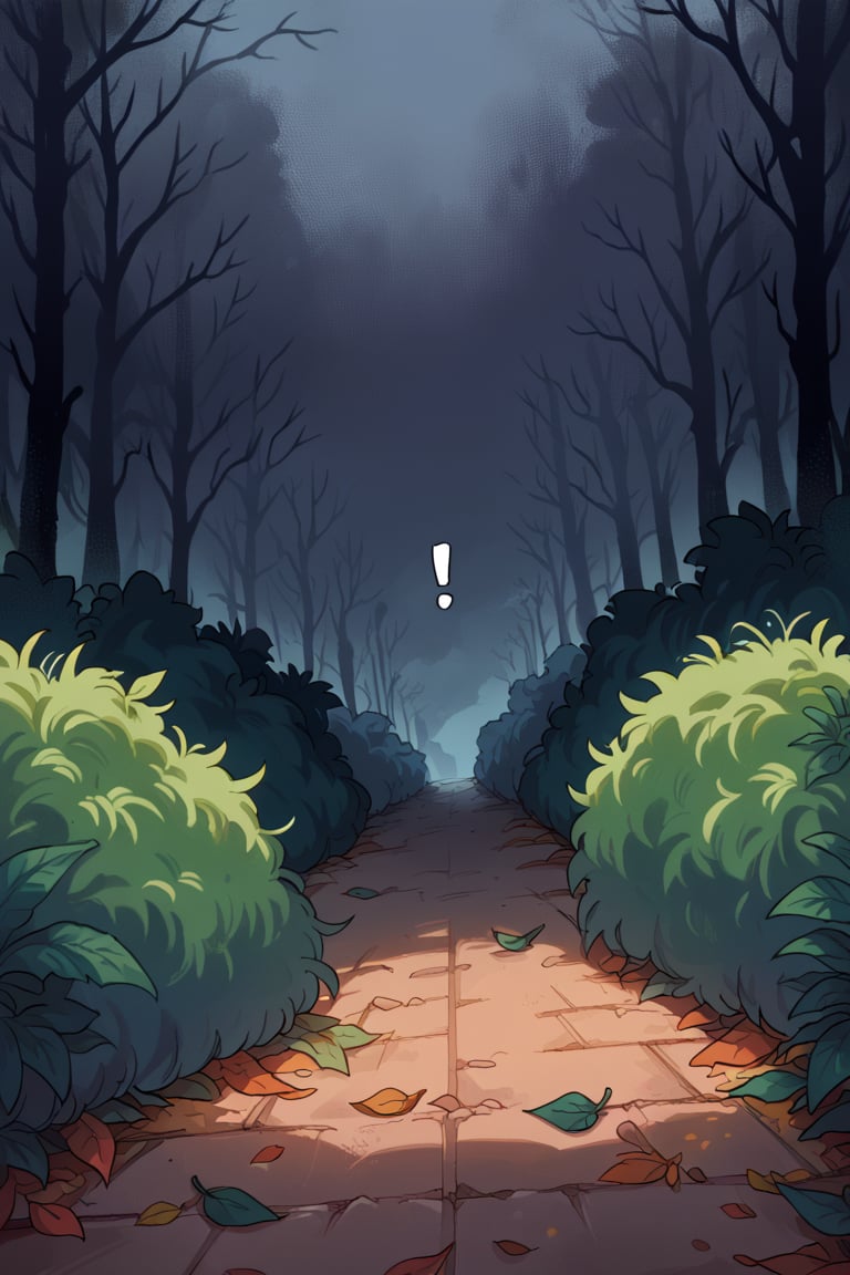 Prompt: score_9, score_8_up, score_7_up, source_anime BREAK, Exquisite details, a large bush rustling in the center, leaves on the ground, lots of exclamation point and sounds coming from a bush, one large bush, scary atmosphere, somthing in a bush, dark color background, foggy background, night background, abandoned street background