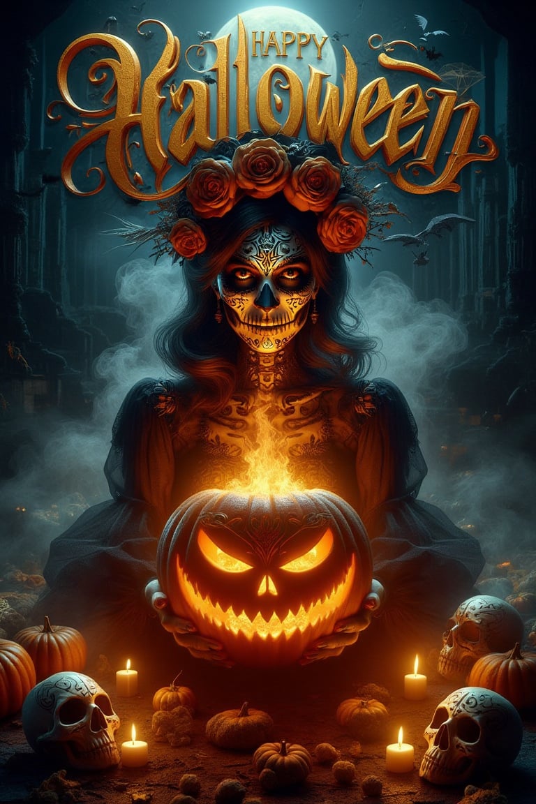 A cinematic masterpiece unfolds: A dark, foreboding landscape sets the stage for a haunting Halloween scene. In the center, bold cursive gold 3D lettering proudly displays 'HAPPY HALLOWEEN' against a backdrop of a floating full moon and flying bats. A woman donning Day of the Dead makeup and a skull-adorned dress grasps an old, fire-illuminated pumpkin with a menacing face, surrounded by flickering candles and skulls. The air is thick with smoke and an eerie glow emanates from the burning pumpkin. In stunning 4K resolution, every detail - from the woman's intricate costume to the textures of the pumpkins and skulls - comes alive in a tapestry of vibrant colors and cinematic lighting.