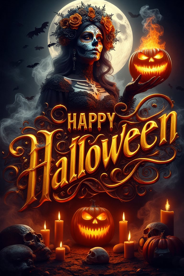 "A suspenseful and foreboding atmosphere cinematic featuring prominently displayed bold cursive gold 3D lettering name logo "HAPPY HALLOWEEN" right in the middle, illustration of a woman in Day of the Dead makeup and skull dress holding a Halloween scary pumpkin horror on fire with a menacing face smoke in the dark background, surrounded by Halloween scary pumpkin horror, candles and skulls below, against the background of a horrible floating full moon and flying bats, creepy and scary concept, digital art design, vibrant colors, haunting atmosphere, detailed textures, cinematic lighting, 4k resolution"   