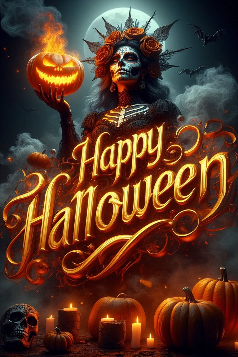 "A suspenseful and foreboding atmosphere cinematic featuring prominently displayed bold cursive gold 3D lettering name logo "HAPPY HALLOWEEN" right in the middle, illustration of a woman in Day of the Dead makeup and skull dress holding a Halloween scary pumpkin horror that is bad and old on fire with a menacing face smoke in the dark background, surrounded by Halloween scary pumpkin horror, candles and skulls below, against the background of a horrible floating full moon and flying bats, creepy and scary concept, digital art design, vibrant colors, haunting atmosphere, detailed textures, cinematic lighting, 4k resolution"    