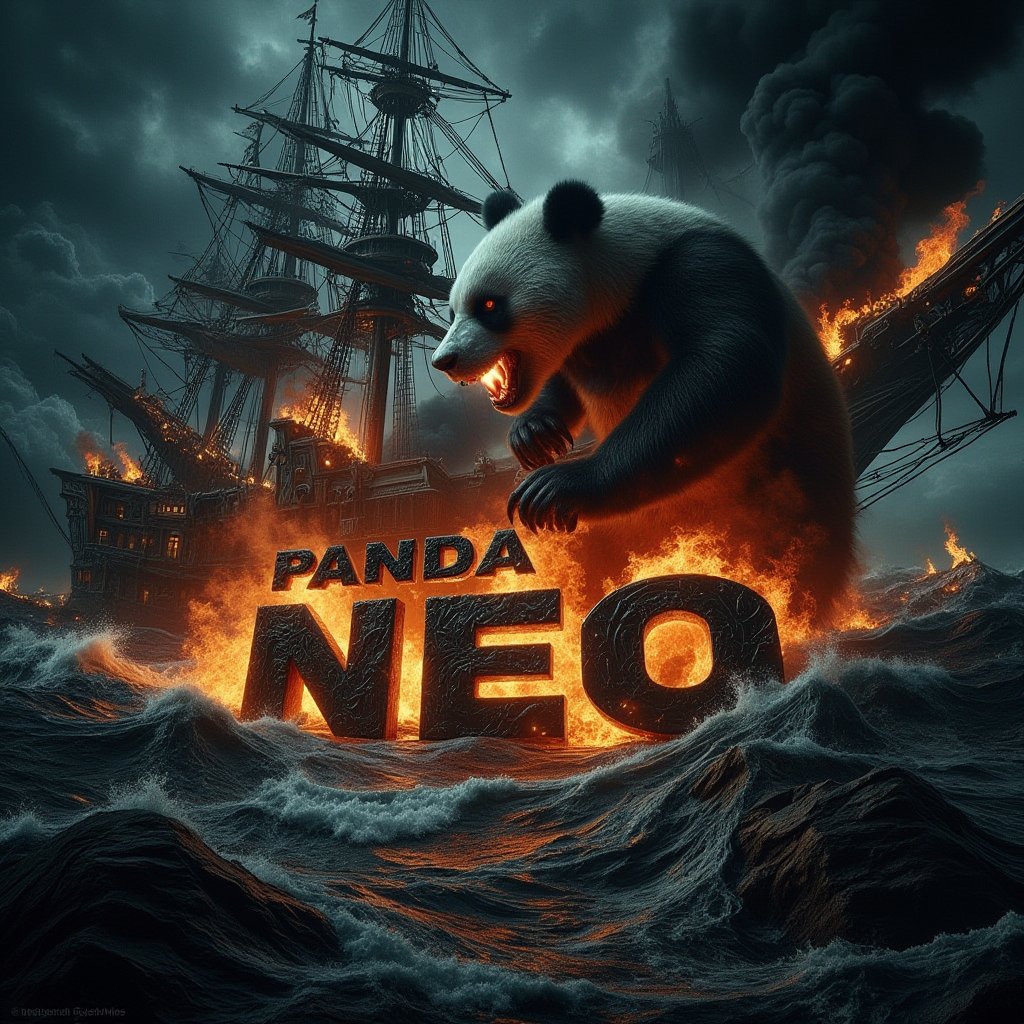 A cinematic shot of a dark and sinister turbulent sea on a completely dark night. In the foreground, a big black panda is between the flickering flames. The large balck panda breathes fire towards the center of the turbulent ocean and over the word "PANDA NEO" which is shown in black three-dimensional letters in bold. The letters are engulfed in a furious hell. Smoke fills the air, adding to the sinister and dramatic atmosphere of the scene, with the pirate ship as the perfect background for this spectacular and electrifying display.