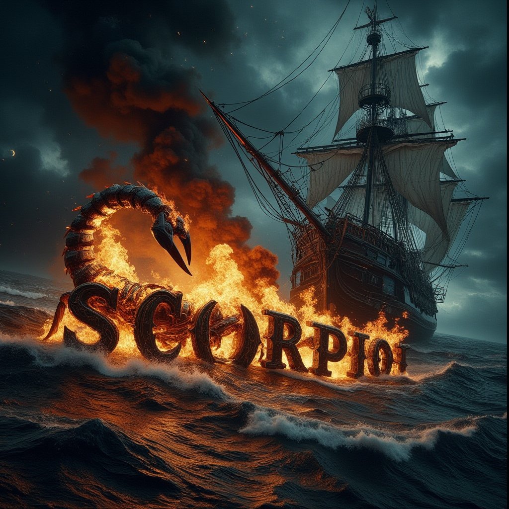 A cinematic shot of a dark and sinister turbulent sea on a completely dark night. In the foreground, a large scorpion is between the flickering flames. The large scorpion breathes fire towards the center of the turbulent ocean and over the word "SCORPIO" which is shown in black three-dimensional letters in bold. The letters are engulfed in a furious hell. Smoke fills the air, adding to the sinister and dramatic atmosphere of the scene, with the pirate ship as the perfect background for this spectacular and electrifying display.