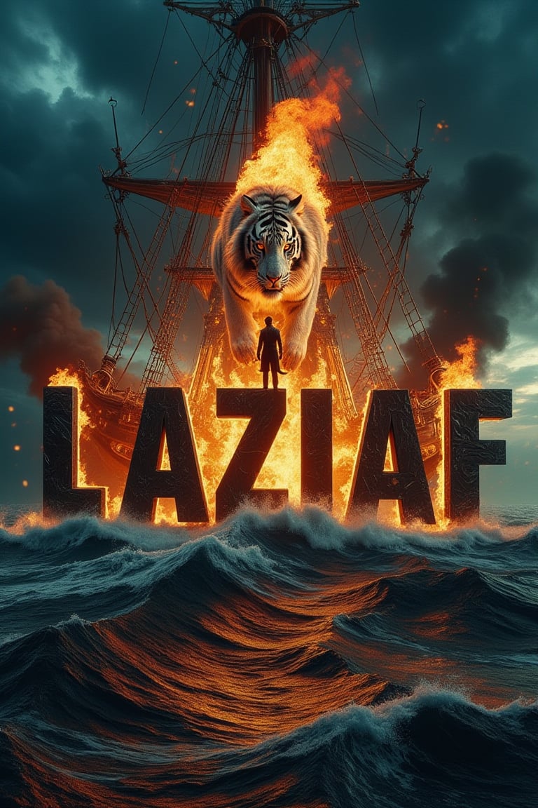 A cinematic shot of a dark and sinister turbulent sea on a completely dark night. Above the sky of turbulent sea, a white tiger is between the flickering flames. The white tiger breathes fire towards the center on a head of pirate captain standing in the middle of the pirate ship and over the word "LAZIAF" which is shown in black three-dimensional letters in bold. The letters are engulfed in a furious hell. Smoke fills the air, adding to the sinister and dramatic atmosphere of the scene, with the pirate ship on turbulent sea as the perfect background for this spectacular and electrifying display.   