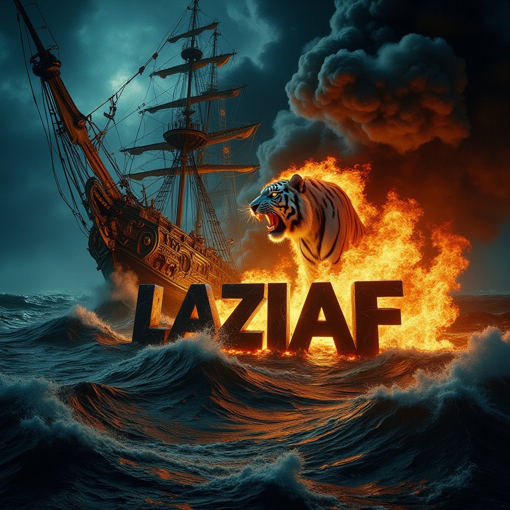 A cinematic shot of a dark and sinister turbulent sea on a completely dark night. In the foreground, a big white tiger is between the flickering flames. The large white tiger breathes fire towards the center of the turbulent ocean and over the word "LAZIAF" which is shown in black three-dimensional letters in bold. The letters are engulfed in a furious hell. Smoke fills the air, adding to the sinister and dramatic atmosphere of the scene, with the pirate ship as the perfect background for this spectacular and electrifying display.