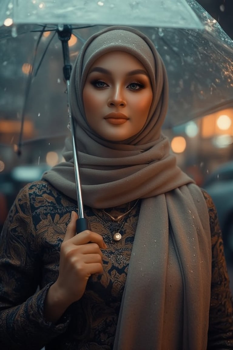 Prompt: In a cinematic setting bathed in moody lighting, a stunning lady wearing a hijab and modestly intricately long knitwear stands confidently amidst torrential rain, her flawless complexion radiating warmth against the grey backdrop. Framed by the rain-soaked environment, she grasps a transparent umbrella, its colors popping against the drizzle. Her defined eyebrows and subtle eyeshadow accentuate her detailed eyes, while invitingly plump lips seem to beckon the viewer. The photorealistic rendering is so lifelike that raindrops glistening on her hijab appear ready to be touched.