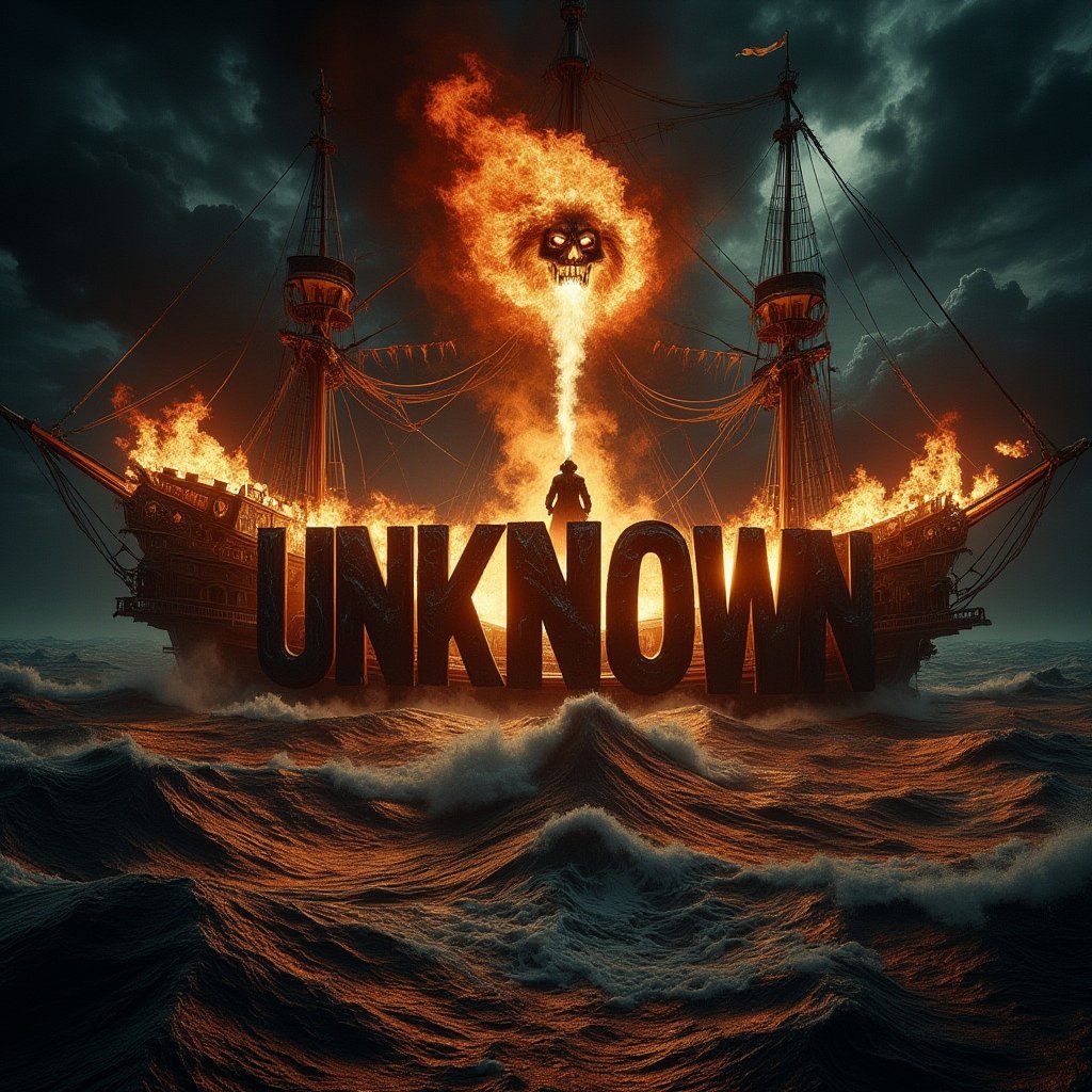 A cinematic shot of a dark and sinister turbulent sea on a completely dark night. Above the sky of turbulent sea, a lion is between the flickering flames. The lion breathes fire towards the center on a head of pirate captain standing in the middle of the pirate ship and over the word "UNKNOWN" which is shown in black three-dimensional letters in bold. The letters are engulfed in a furious hell. Smoke fills the air, adding to the sinister and dramatic atmosphere of the scene, with the pirate ship on turbulent sea as the perfect background for this spectacular and electrifying display.   