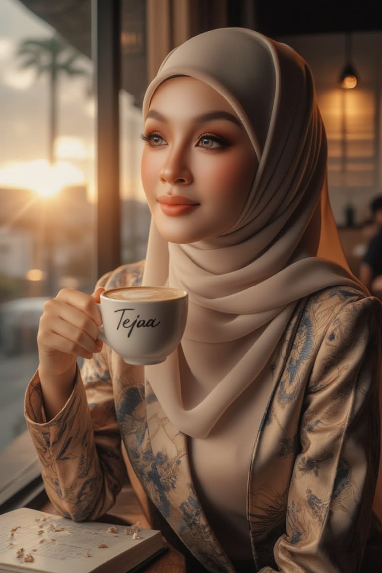 A Malay woman with an amazing face and exquisite make-up with casual attire, sitting in a quiet wooden cafe, drinking smoky hot coffee with written "TEJAA" in bold cursive on the cup, reading by the window, scattered flower petals, wearing a chiffon hijab with intricate folds, natural color contact lenses, serene expression, glossy lips, billowing fabric and scattered flower petals, golden hour backlighting, dramatic chiaroscuro, muted earth tones, warm amber glow, hyperrealistic detail, 8K resolution, shallow depth of field, lens flare