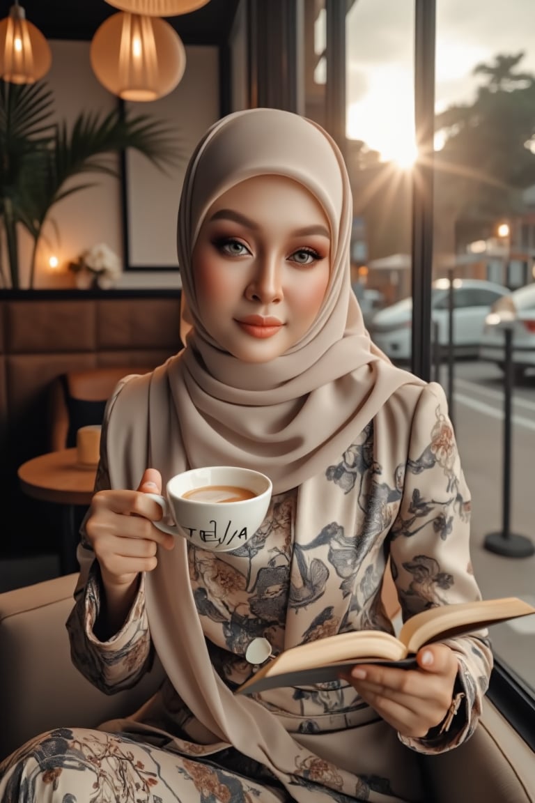 A Malay woman with an amazing face and exquisite make-up with casual attire, sitting in a quiet wooden cafe, drinking smoky hot coffee with written "TEJAA" in bold cursive on the cup, reading by the window, scattered flower petals, wearing a chiffon hijab with intricate folds, natural color contact lenses, serene expression, glossy lips, billowing fabric and scattered flower petals, golden hour backlighting, dramatic chiaroscuro, muted earth tones, warm amber glow, hyperrealistic detail, 8K resolution, shallow depth of field, lens flare