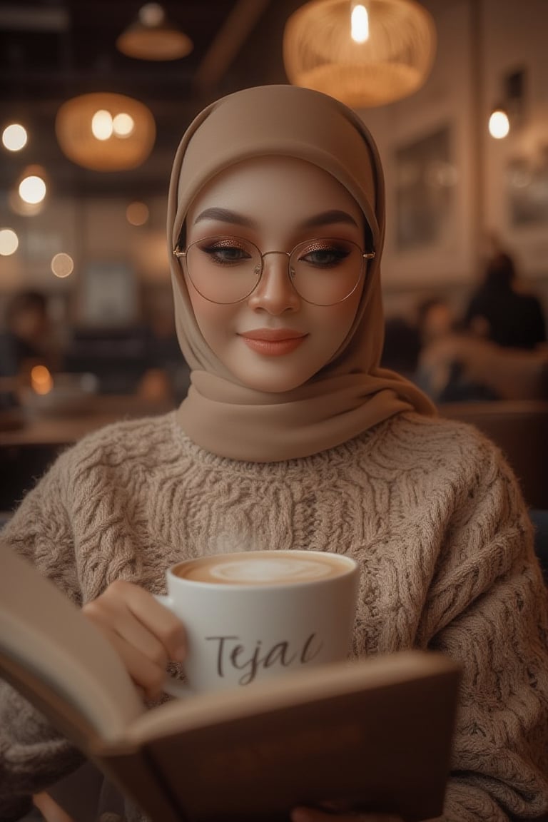 Create an ultra-realistic scene of a Malaysian woman dressed in knitwear, sitting in a cozy café setting. She has her hijab neatly tied. defined eyebrows, subtle eyeshadow, detailed eyes and lips, cream color glossy lips, Her sparkling rectangle-rimmed glasses and beautifully made-up face add to her refined appearance. The woman is engrossed in reading a book while sipping from a steaming hot cup of coffee. The overall atmosphere is warm and artistic, with soft lighting enhancing the cozy ambiance name written 'TEJAA' is cursive bold font, adding a unique and tactile quality to the scene. The portrait is hyperrealistic, captured in 8K resolution with a medium format digital camera, featuring a shallow depth of field and a gentle lens flare, evoking a sense of timeless beauty and grace