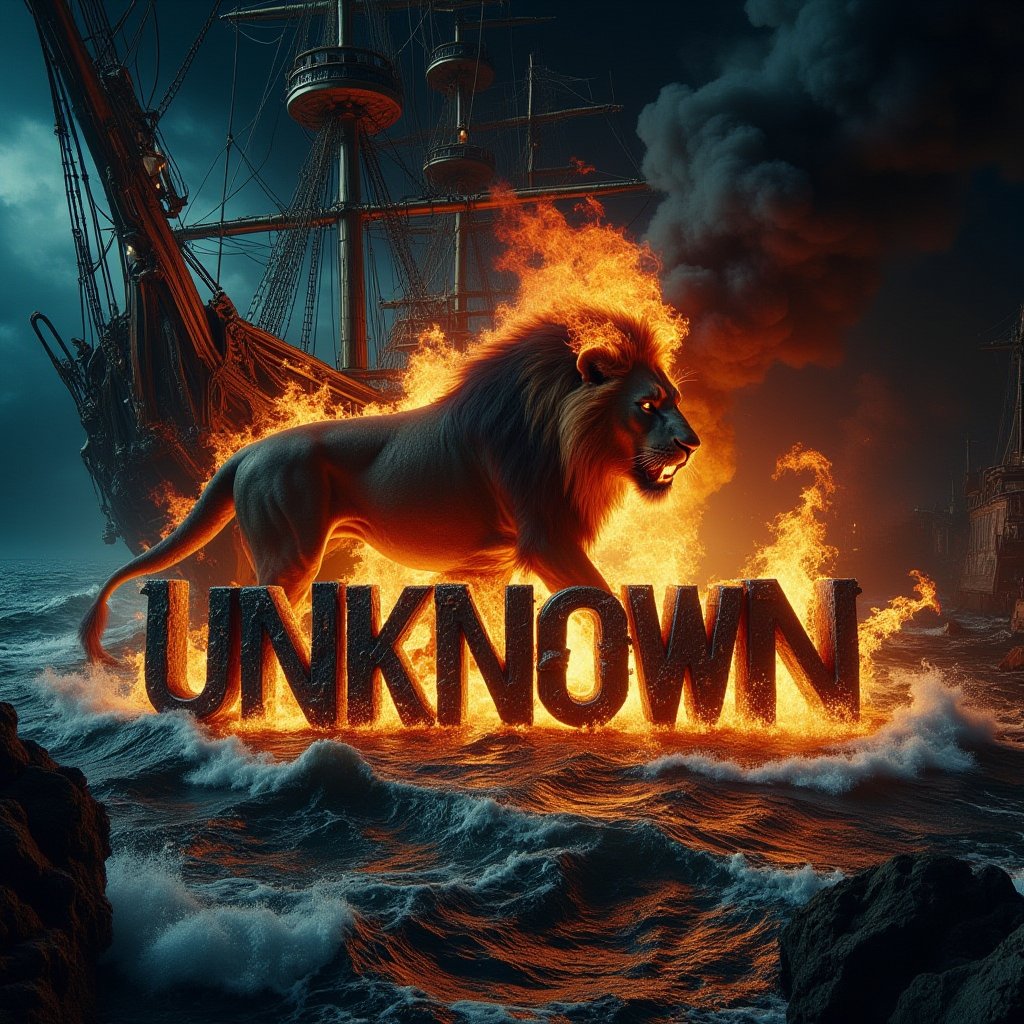 A cinematic shot of a dark and sinister turbulent sea on a completely dark night. In the foreground, a big lion is between the flickering flames. The large lion breathes fire towards the center of the turbulent ocean and over the word "UNKNOWN" which is shown in black three-dimensional letters in bold. The letters are engulfed in a furious hell. Smoke fills the air, adding to the sinister and dramatic atmosphere of the scene, with the pirate ship as the perfect background for this spectacular and electrifying display.