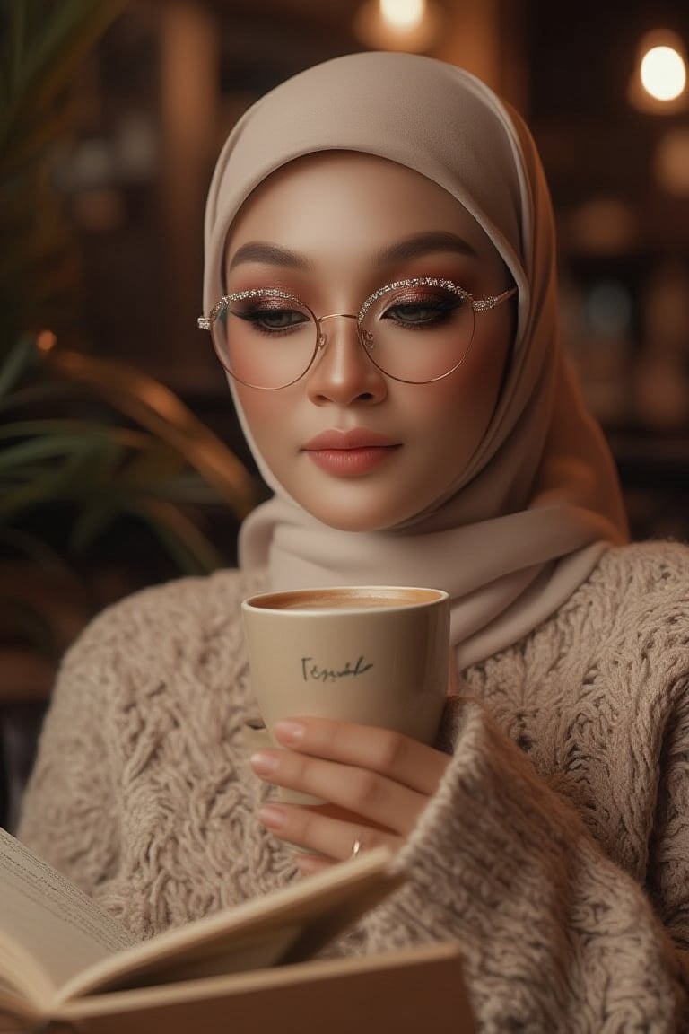 Create an ultra-realistic scene of a Malaysian woman dressed in knitwear, sitting in a cozy café setting. She has her hijab neatly tied. defined eyebrows, subtle eyeshadow, detailed eyes and lips, skin color glossy lips, Her sparkling rectangle-rimmed glasses and beautifully made-up face add to her refined appearance. The woman is engrossed in reading a book while sipping from a steaming hot cup of coffee. The overall atmosphere is warm and artistic, with soft lighting enhancing the cozy ambiance name written 'TEJAA' is cursive bold font, adding a unique and tactile quality to the scene. The portrait is hyperrealistic, captured in 8K resolution with a medium format digital camera, featuring a shallow depth of field and a gentle lens flare, evoking a sense of timeless beauty and grace