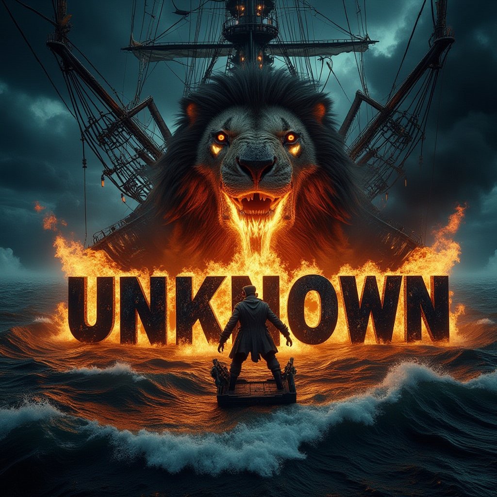 A cinematic shot of a dark and sinister turbulent sea on a completely dark night. In the foreground, a big lion is between the flickering flames. The large lion breathes fire towards the center of the turbulent ocean and over the word "UNKNOWN" which is shown in black three-dimensional letters in bold. The letters are engulfed in a furious hell. Smoke fills the air, adding to the sinister and dramatic atmosphere of the scene, with the pirate ship as the perfect background for this spectacular and electrifying display.