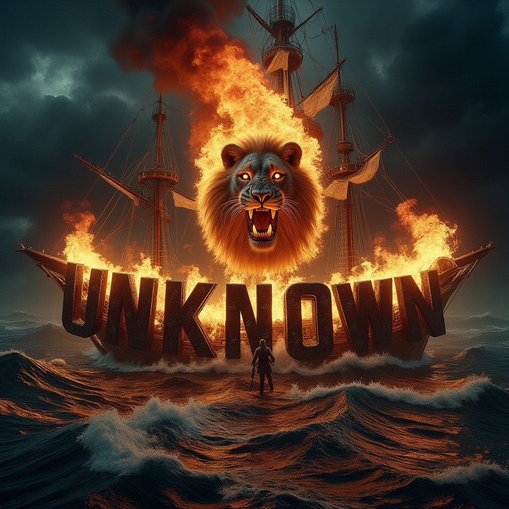 A cinematic shot of a dark and sinister turbulent sea on a completely dark night. Above the sky of turbulent sea, a lion is between the flickering flames. The lion breathes fire towards the center on a head of pirate captain standing in the middle of the pirate ship and over the word "UNKNOWN" which is shown in black three-dimensional letters in bold. The letters are engulfed in a furious hell. Smoke fills the air, adding to the sinister and dramatic atmosphere of the scene, with the pirate ship on turbulent sea as the perfect background for this spectacular and electrifying display.   