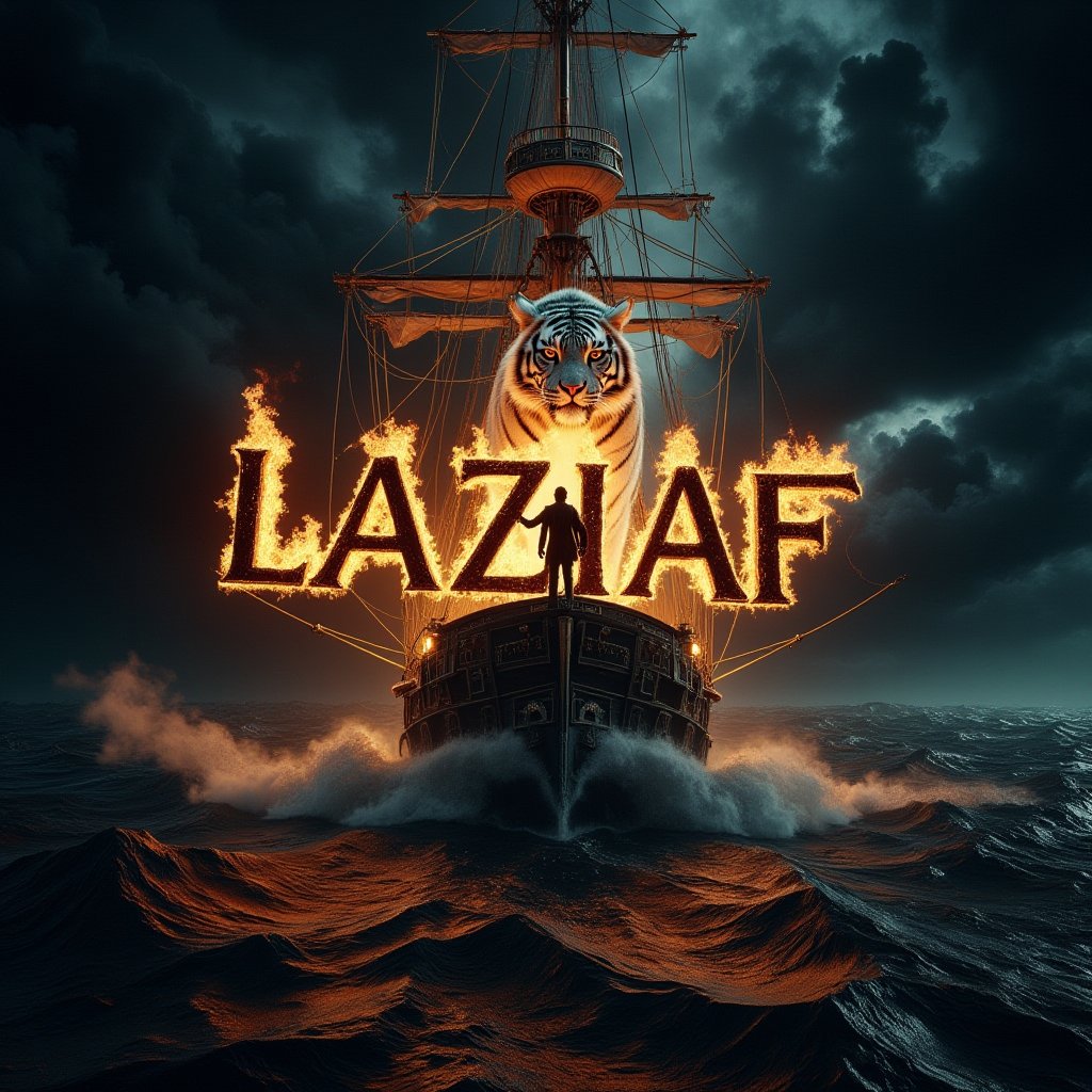 A cinematic shot of a dark and sinister turbulent sea on a completely dark night. Above the sky of turbulent sea, a white tiger is between the flickering flames. The white tiger breathes fire towards the center on a head of pirate captain standing in the middle of the pirate ship and over the word "LAZIAF" which is shown in black three-dimensional letters in bold. The letters are engulfed in a furious hell. Smoke fills the air, adding to the sinister and dramatic atmosphere of the scene, with the pirate ship on turbulent sea as the perfect background for this spectacular and electrifying display.   