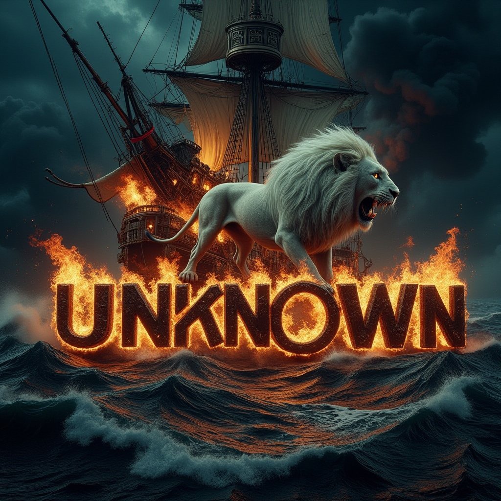 A cinematic shot of a dark and sinister turbulent sea on a completely dark night. In the foreground, a big white lion is between the flickering flames. The large white lion breathes fire towards the center of the turbulent ocean and over the word "UNKNOWN" which is shown in black three-dimensional letters in bold. The letters are engulfed in a furious hell. Smoke fills the air, adding to the sinister and dramatic atmosphere of the scene, with the pirate ship as the perfect background for this spectacular and electrifying display.