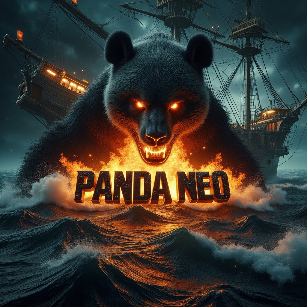 A cinematic shot of a dark and sinister turbulent sea on a completely dark night. In the foreground, a big black panda is between the flickering flames. The large balck panda breathes fire towards the center of the turbulent ocean and over the word "PANDA NEO" which is shown in black three-dimensional letters in bold. The letters are engulfed in a furious hell. Smoke fills the air, adding to the sinister and dramatic atmosphere of the scene, with the pirate ship as the perfect background for this spectacular and electrifying display.