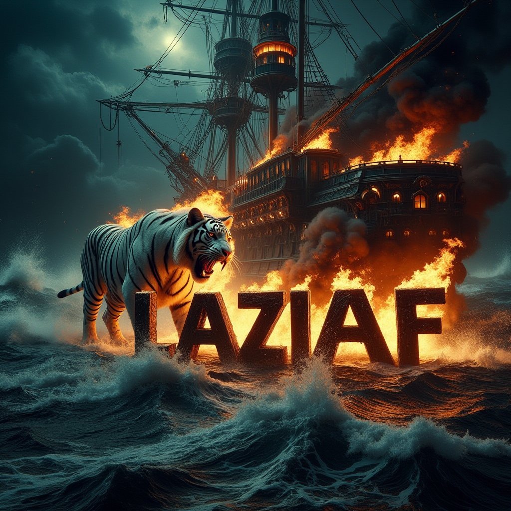 A cinematic shot of a dark and sinister turbulent sea on a completely dark night. In the foreground, a big white tiger is between the flickering flames. The large white tiger breathes fire towards the center of the turbulent ocean and over the word "LAZIAF" which is shown in black three-dimensional letters in bold. The letters are engulfed in a furious hell. Smoke fills the air, adding to the sinister and dramatic atmosphere of the scene, with the pirate ship as the perfect background for this spectacular and electrifying display.