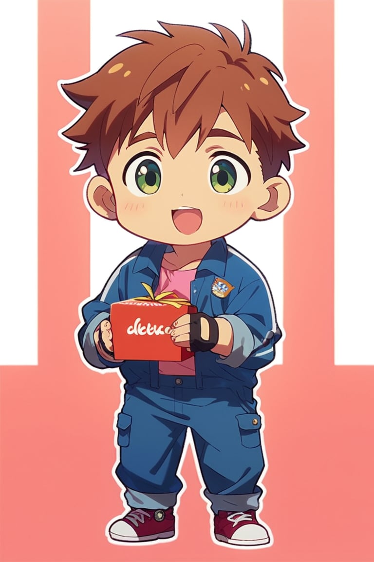 score_9, score_8_up, score_7_up, cute, masterpiece, best quality, best aesthetic,  1boy, solo, male focus, chibi, chibi style, full_body, ,shokichioka, green eyes, brown hair, pink shirt, blue jumpsuit, red sneakers, black_fingerless_glove, holding_box,