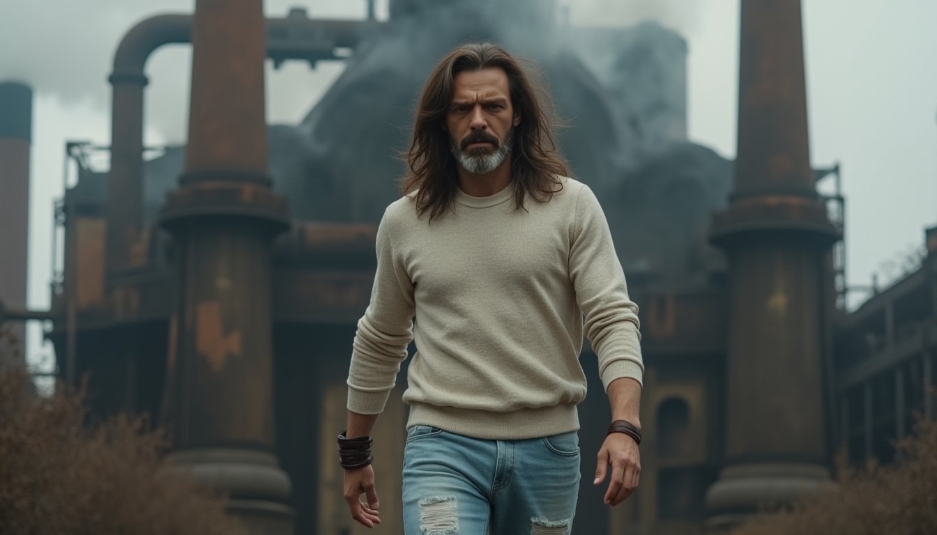 Masterpiece, hyperrealistic full body photography of a man, BREAK.

Gasty, a 50-year-old man with very long, slightly messy brown hair, muscular, is wearing a light cream-colored knit sweatshirt with the sleeves rolled up, light blue worn-out jeans, and a dark brown leather bracelet on his wrist. He is looking at the viewer, walking towards the camera, BREAK.

Behind the man, the building in the background is huge, with large visible gears, smokestacks, and industrial pipes integrated into the architecture. Smoke rises from the chimneys, creating a sense of pollution and power. The atmosphere is dark, with cold, harsh lighting, and the building is shrouded in smoke.