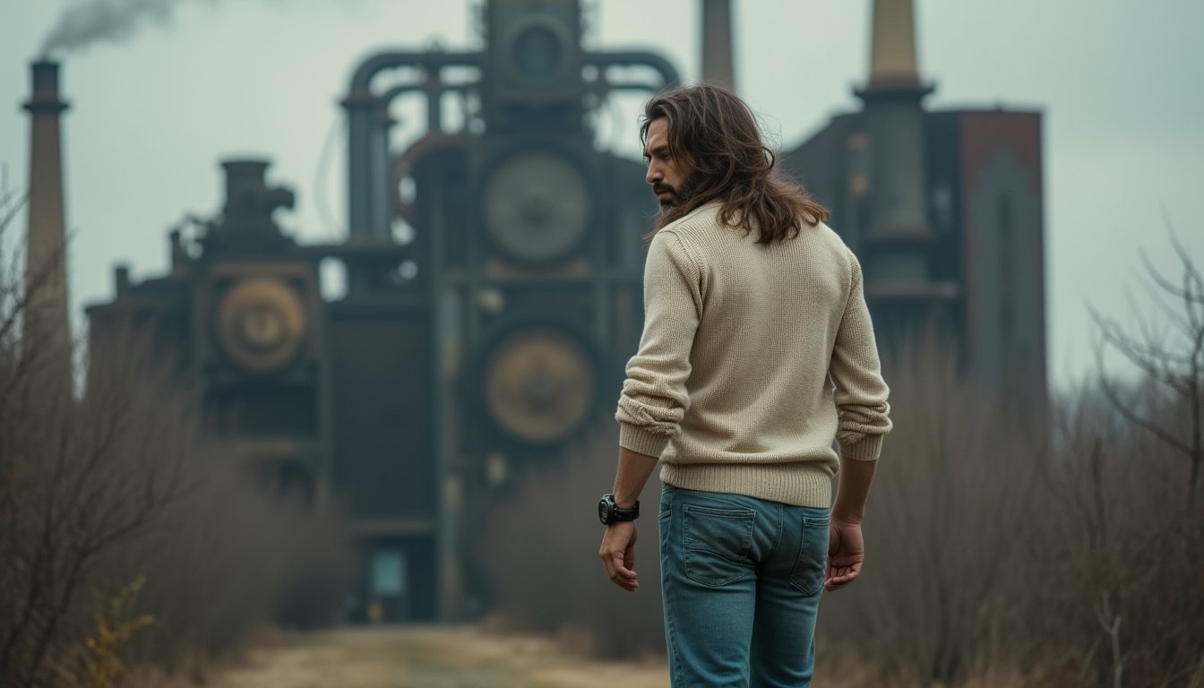 Masterpiece, hyperrealistic, photograph of a man walking toward the camera. BREAK. Gasty, a 50-year-old man with long brown hair slightly messy, muscular, wearing a cream-colored knitted shirt with sleeves rolled up, light blue worn jeans, and a dark brown leather bracelet. He is walking toward the camera, turning his head slightly over his shoulder, looking back at the building behind him. BREAK. The building in the background is large and industrial, a mix of capitol-like architecture with visible gears, chimneys, and industrial pipes. Smoke is rising from the chimneys, creating a sense of pollution and power. The atmosphere is dark, with cold, harsh lighting, and the building is shrouded in smoke.