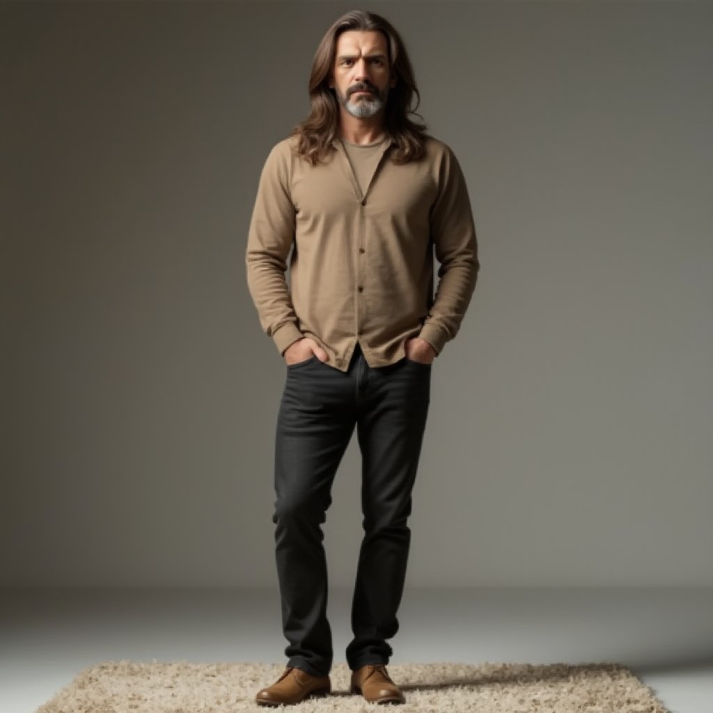 Masterpiece, hyperrealistic full-body photography of a man, standing with his feet on a carpet, wearing a casual outfit, BREAK

Gasty, Extremely handsome man, 50 years old, long brown hair down to shoulder blades, 2 meters tall, long chestnut hair, ultra-detailed, normal athletic body, dark brown eyes, confident expression, BREAK

Neutral background with soft lighting, creating a relaxed atmosphere.