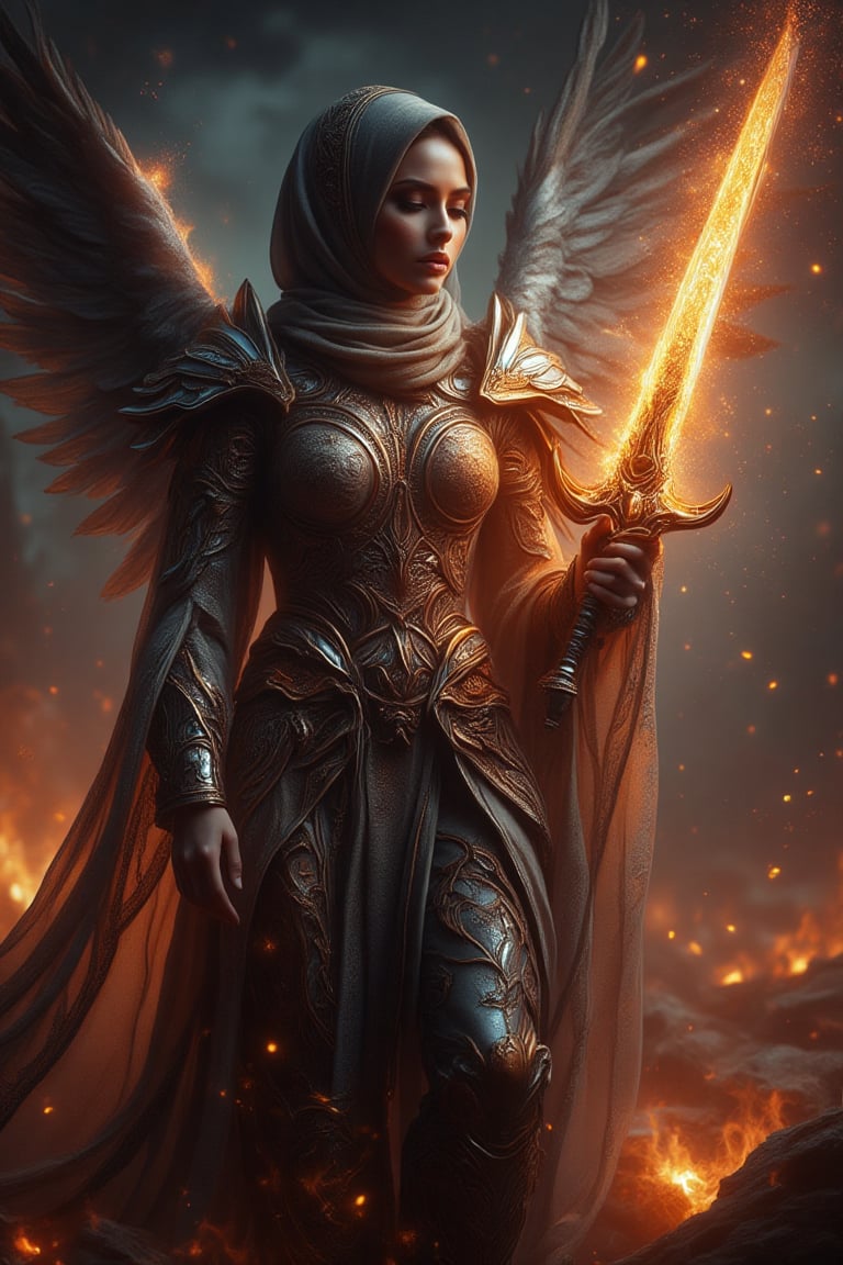 A divine archangel stands amidst a darkened sky, hijab flowing like a celestial banner behind her. Radiant sword gleams with kinetic energy as it slashes through the air, ethereal armor aglow with an otherworldly light casting an eerie glow on her features. The sword's blazing speed leaves a trail of fiery sparks and embers suspended in mid-air, time frozen, emphasizing the intensity of her strike.