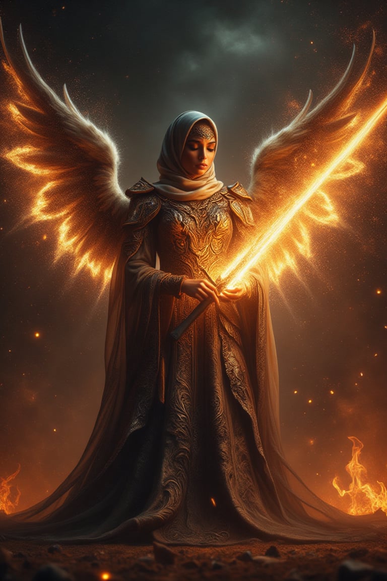 A heavenly archangel stands majestically amidst a darkened sky, hijab flowing like a celestial banner behind her, with radiant sword gleaming with kinetic energy as it slashes through the air. Ethereal armor aglow with an otherworldly light casts an eerie glow on her features. The sword's blazing speed leaves a trail of fiery sparks and embers suspended in mid-air, time frozen, emphasizing the intensity of her strike against the darkened sky.