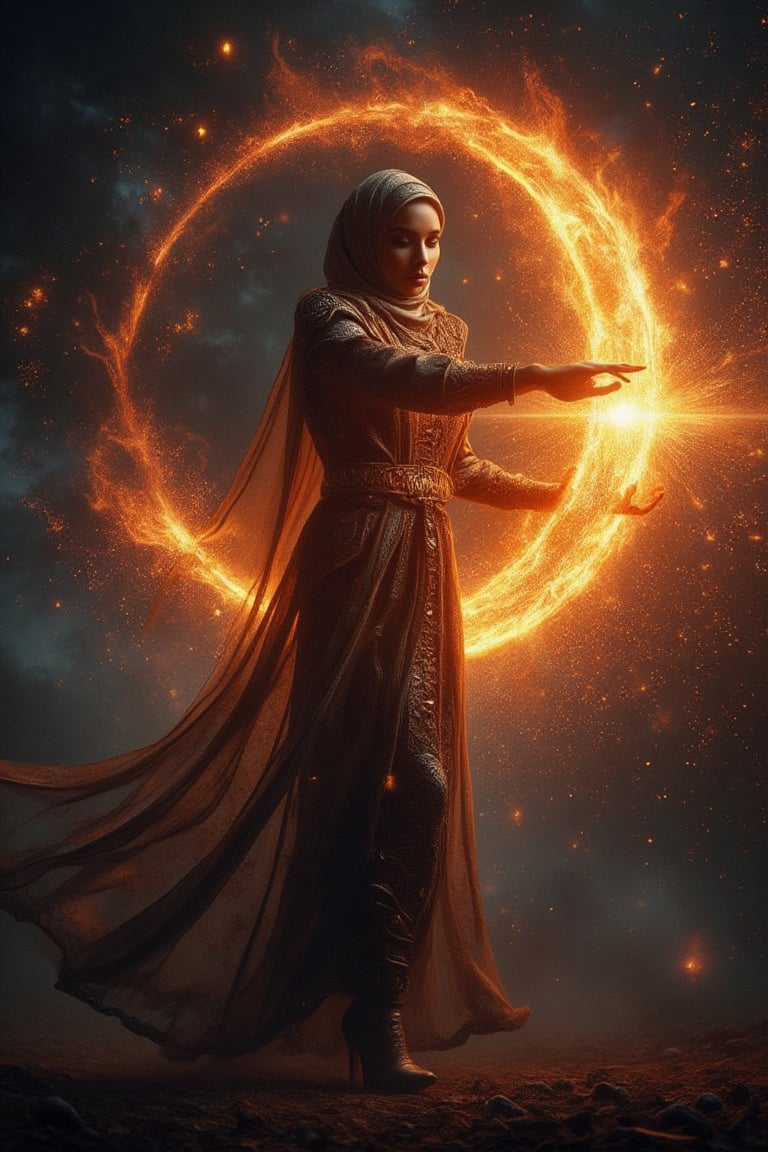 A dynamic tableau: a radiant hijabi archangel, ethereal armor aglow, whips her sword through the darkness, its fiery arc curving like a celestial crescent. The blade's blazing speed freezes time, suspending embers and light streaks in mid-air as she unleashes her divine fury upon the night sky.