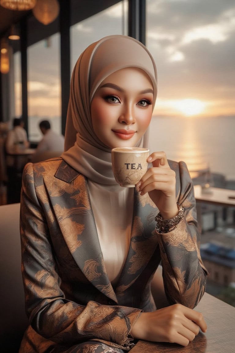 Close-up, 3/4 angle shot from outside transparent window: a stunning Malay woman with her hijab neatly worn, seated in a luxurious coffee café. She exudes elegance in exquisite office attire, serene expression, sweet smile looking at the camera lens, savoring a cup of coffee with 'TEJA' engraved on it. Through the window, a breathtaking sunset over the sea unfolds, blending cultural charm and contemporary style. Her poise radiates amidst the relaxed urban setting.  