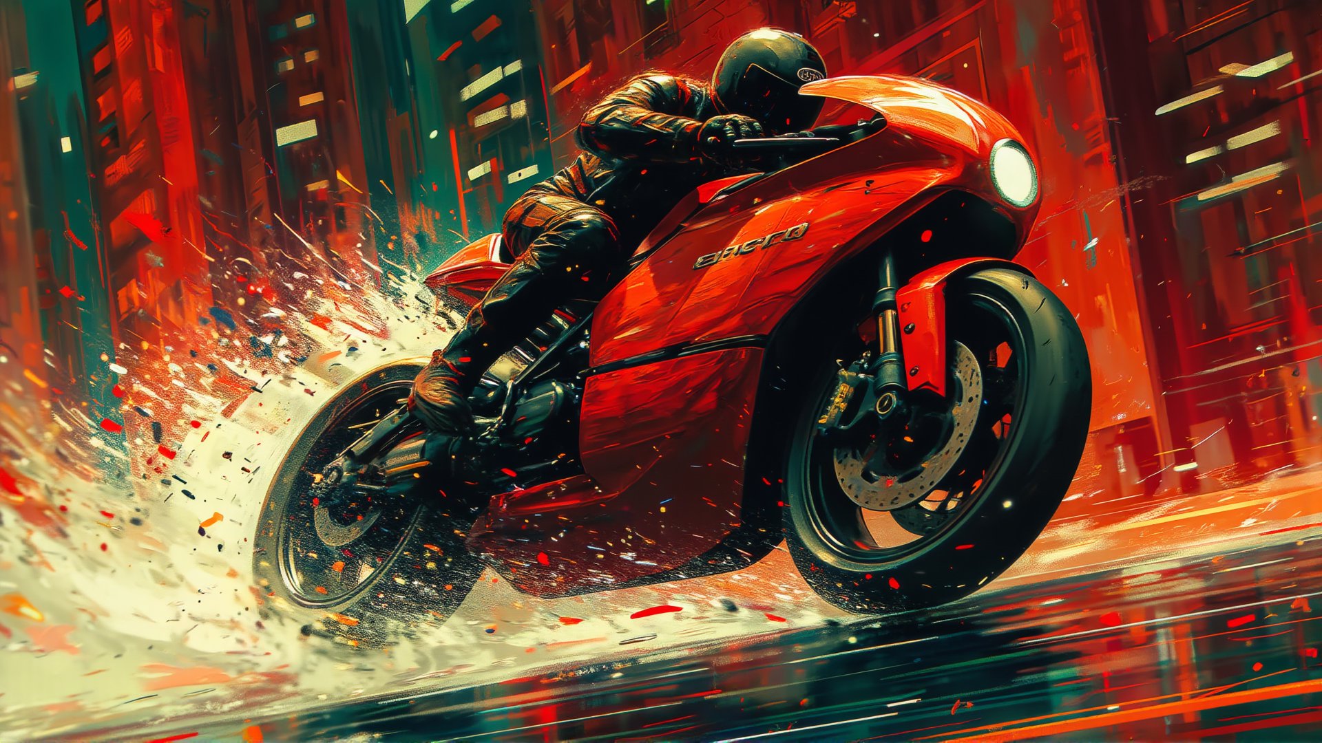 The image depicts a dynamic and intense scene of a Cycle speeding through a neon-lit cityscape. The rider, dressed in a sleek black suit and helmet, is leaning sharply as he navigates a turn on a powerful, bright red motorcycle. The wheels kick up a spray of vibrant particles and streaks, creating a sense of motion and energy.